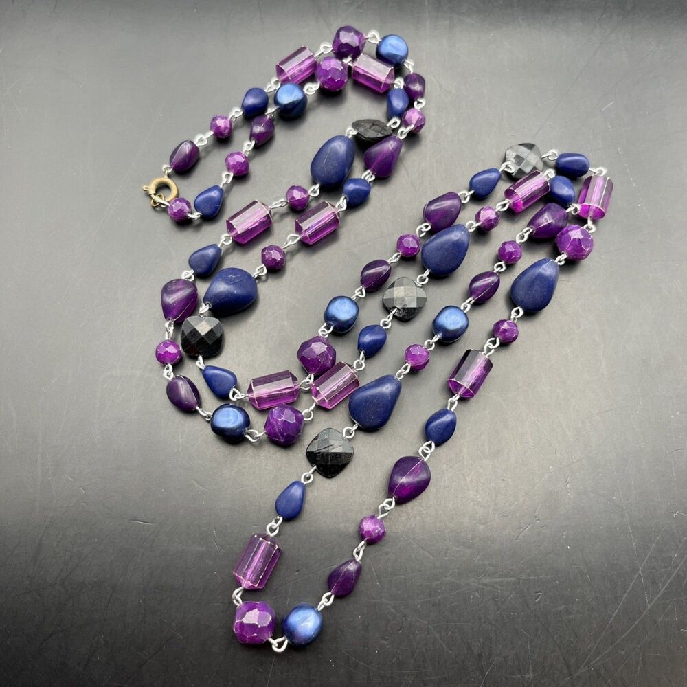 Extra Long Purple Blue Beaded Necklace Acrylic Plastic 48 inch